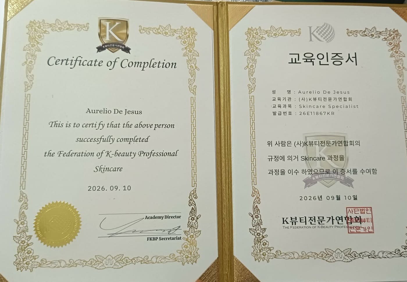 Certificate of Completion, Federation of K-Beauty Professional Skincare, awarded to Aurelio De Jesus